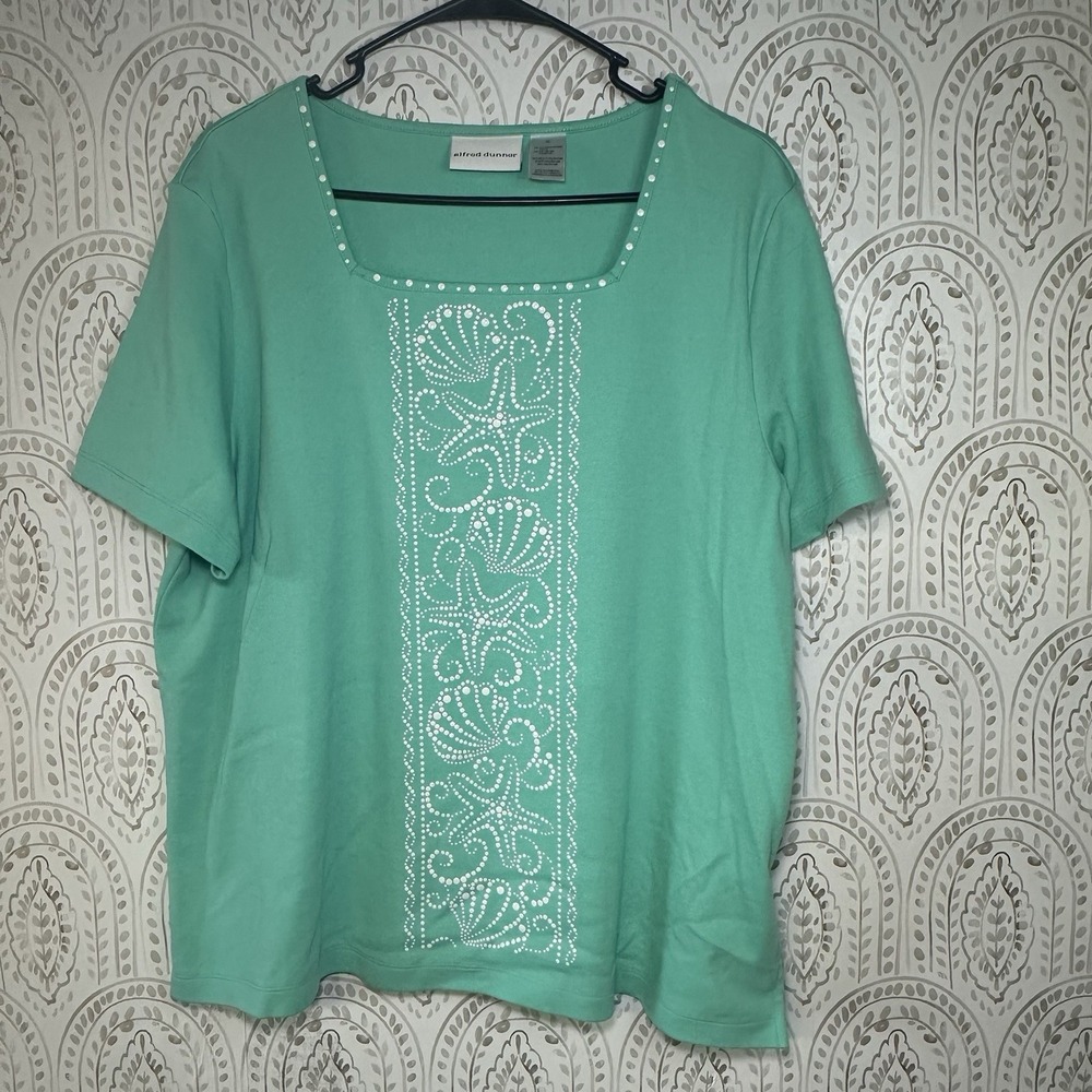 Alfred Dunnar Womens Size XL Teal Short sleeve Square Neck‎ Beaded Seashell